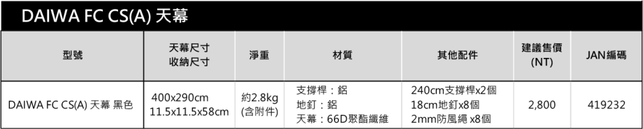 DAIWA FC CS(A) 天幕 規格表 DAIWA FC CS(A) 天幕 規格表